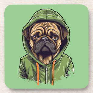 Pug Dog Wearing Green Hoodie Coaster