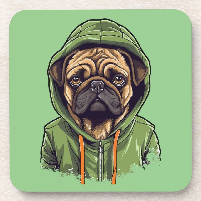 Pug Dog Wearing Green Hoodie Coaster (Front)