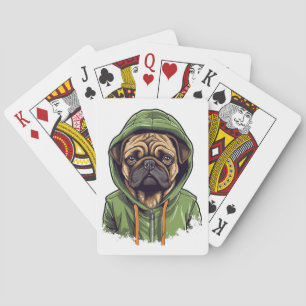 Pug Dog Wearing Green Hoodie Playing Cards