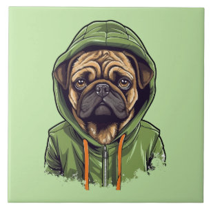Pug Dog Wearing Green Hoodie Tile