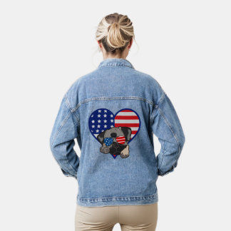 Pug Dog Wearing Sunglasses USA Flag Heart Womens Denim Jacket