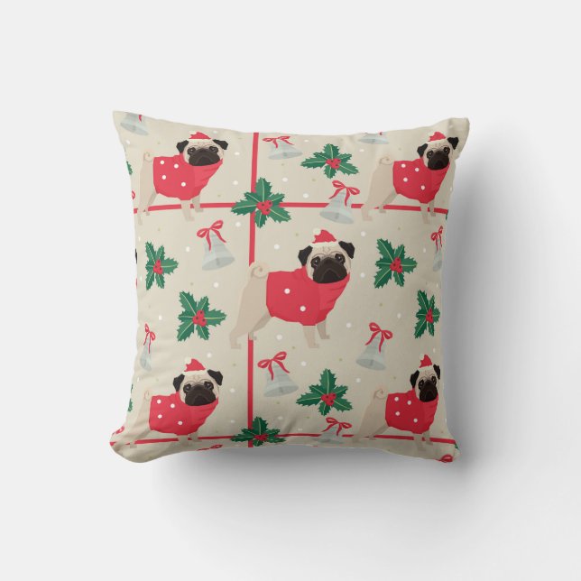 Pug Dog Wearing Sweater & Christmas Santa Hat Cushion (Front)