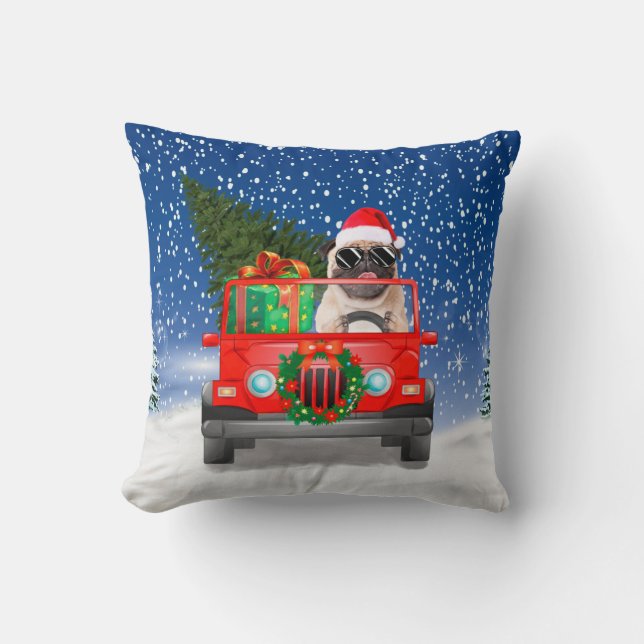 Pug dog with Christmas gifts Cushion (Front)