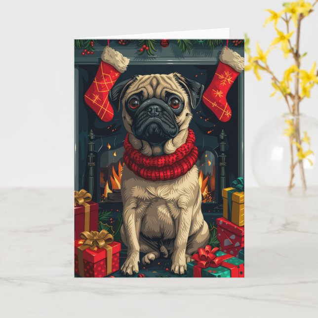 Pug Dog With Christmas Gifts Fireplace  Card (Yellow Flower)