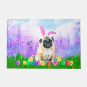 Pug Dog with Easter Eggs Bunny Chicks Doormat