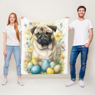 Pug Dog with Easter Eggs Holiday  Fleece Blanket