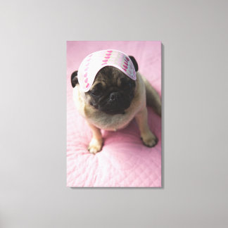 Pug dog with eye mask on head sitting on bed, canvas print