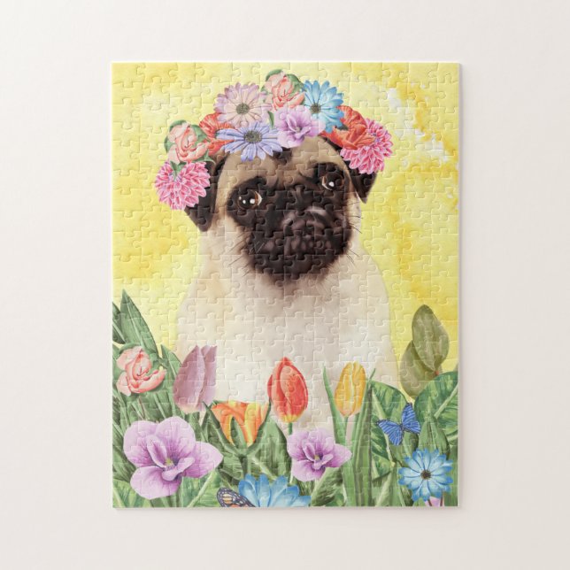  Pug Dog with Flowers Spring Jigsaw Puzzle (Vertical)