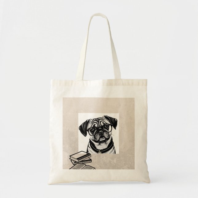 Pug Dog with Glasses and Books Tote (Front)
