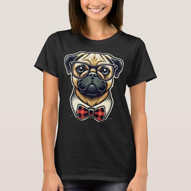 Pug Dog With Glasses Pop Art Style T-Shirt (Front)