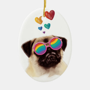 Pug Dog with Hearts Valentine's Day Ceramic Tree Decoration