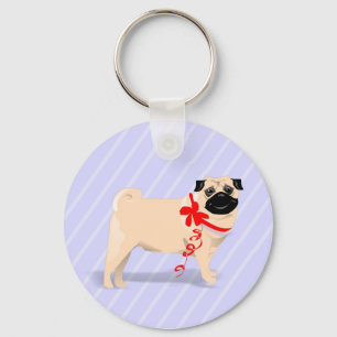 Pug Dog with Red Ribbon Keychain