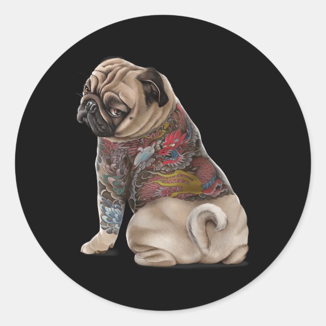 Pug Dog With Traditional Japanese Dragon Tattoo Ir Classic Round Sticker (Front)