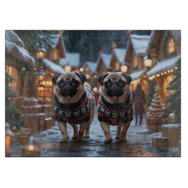 Pug Dogs Christmas Snow Holiday Cutting Board (Front)