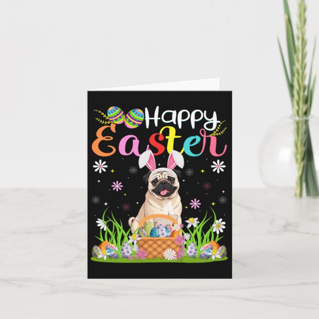 Pug Dogs Happy Easter Egg Hunt Bunny Ear Easter  Card (Front)
