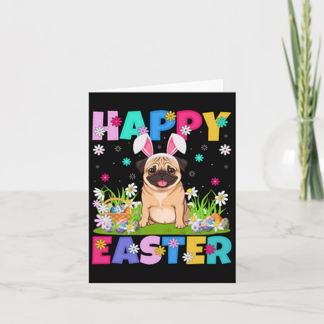 Pug Dogs Happy Easter Egg Hunt Bunny Ear Pug Easte Card (Front)