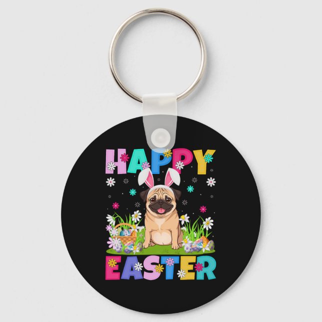 Pug Dogs Happy Easter Egg Hunt Bunny Ear Pug Easte Key Ring (Front)