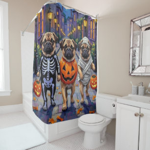 Pug Dogs Trick-or-Treating in Halloween Costumes Shower Curtain
