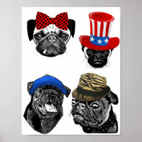 Pug Dogs Wearing Hats and a bow Original pet Art