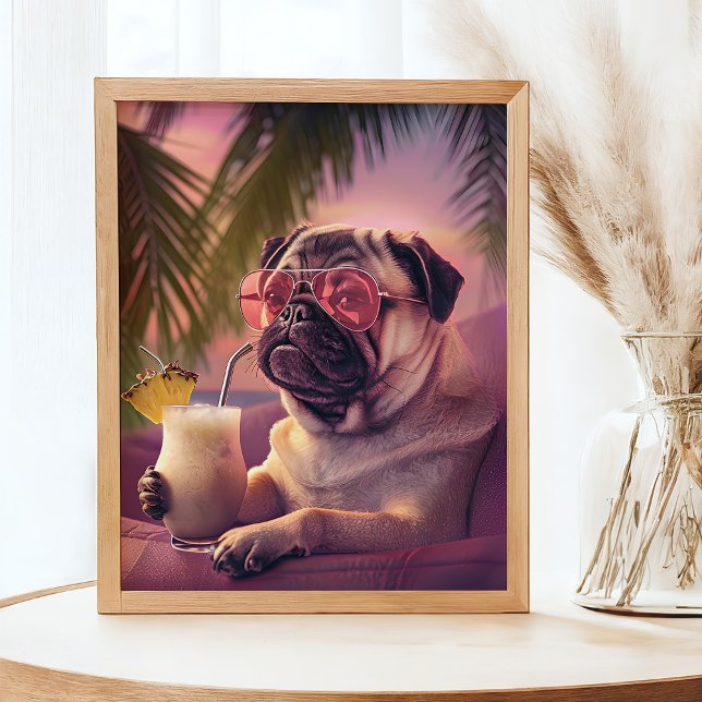 Pug Drinking Cocktail Summer Pet Portrait Poster (Creator Uploaded)