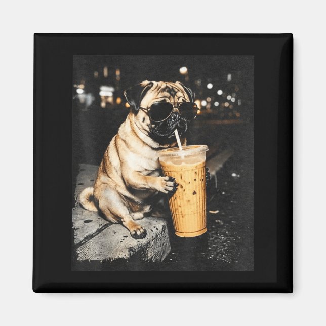 Pug drinking iced coffee cool dog glasses funny magnet (Front)