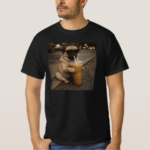 Pug Drinking Iced Coffee Funny Animal Dog Meme  T-Shirt