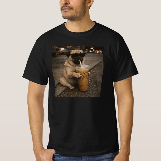 Pug Drinking Iced Coffee Funny Animal Dog Meme  T-Shirt (Front)