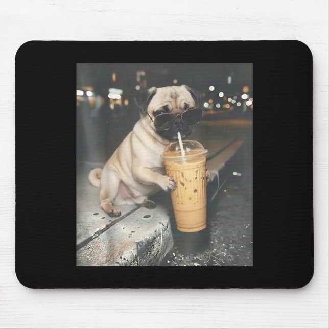 Pug drinking iced coffee funny animal meme dog pug mouse pad (Front)