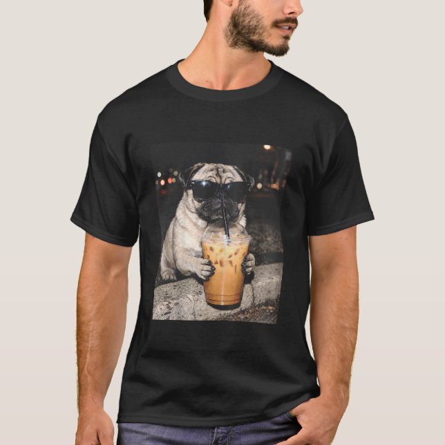 Pug Drinking Iced Coffee Funny Dog Meme T-Shirt (Front)