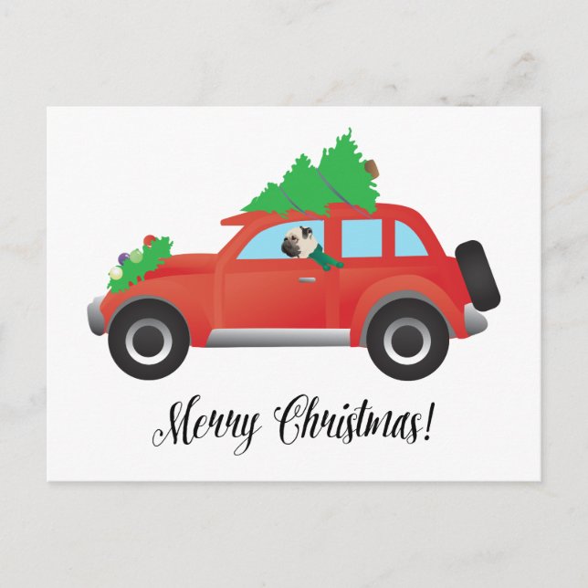 Pug Driving Car with Christmas Tree on Top Holiday Postcard (Front)