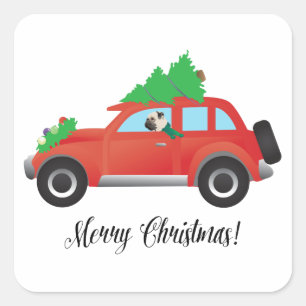 Pug Driving Car with Christmas Tree on Top Square Sticker