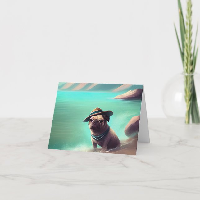 Pug enjoying on beach painting art card (Front)