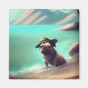 Pug enjoying on beach painting art magnet