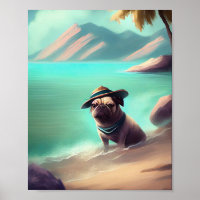 Pug enjoying on beach painting art 