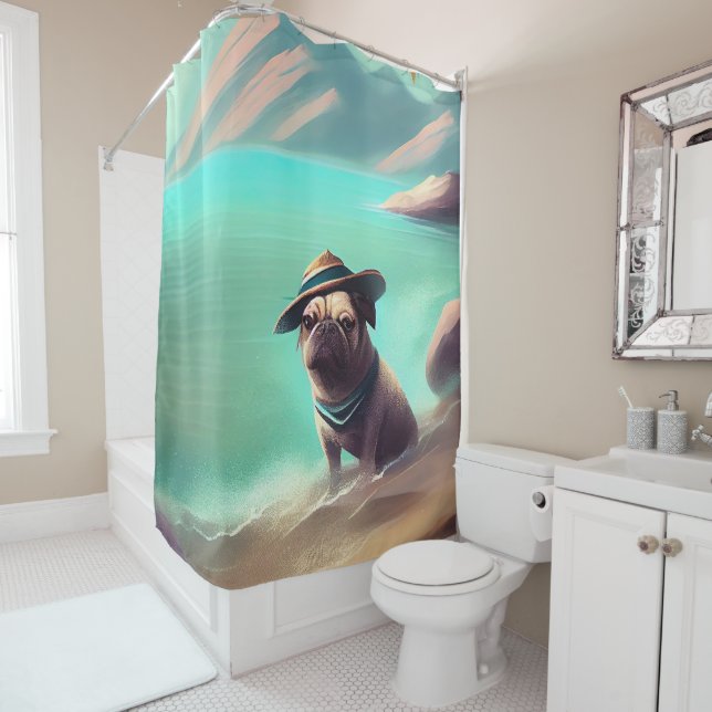Pug enjoying on beach painting art shower curtain (In Situ)
