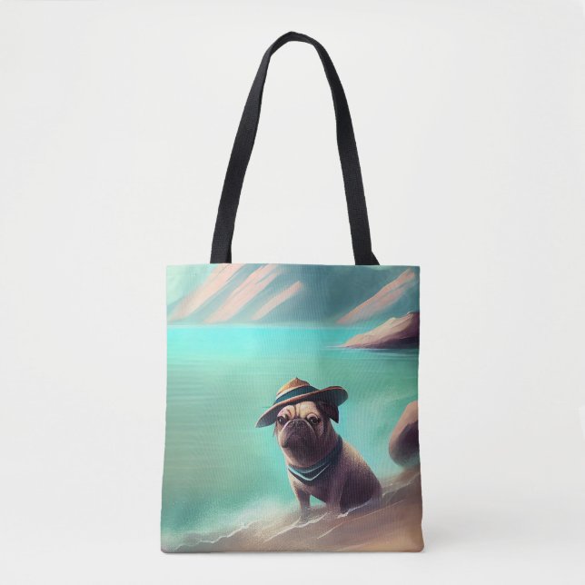 Pug enjoying on beach painting art tote bag (Front)