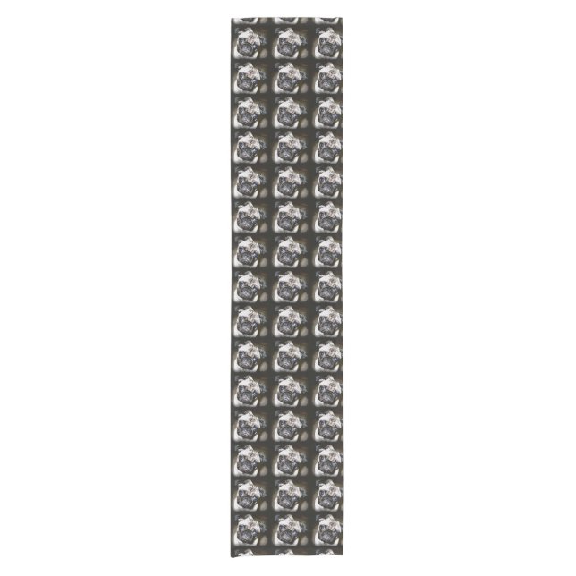 pug faces black short table runner (Front)
