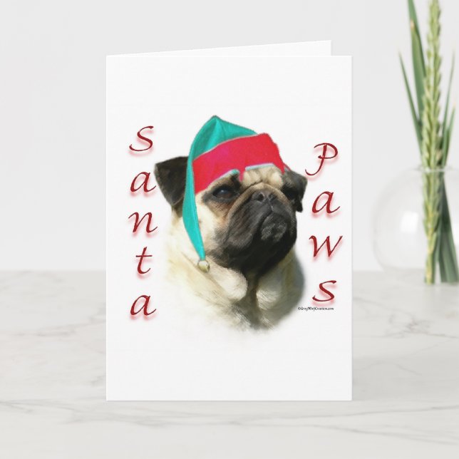 Pug (fawn) Santa Paws Holiday Card (Front)