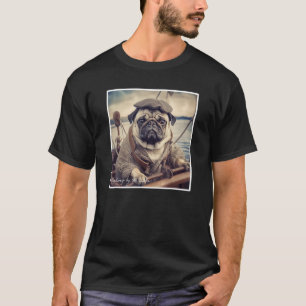 Pug Fishing Cute Vintage Graphic T-Shirt