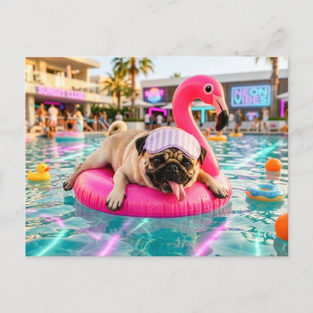 Pug Floating on Pink Flamingo Float Postcard (Front)