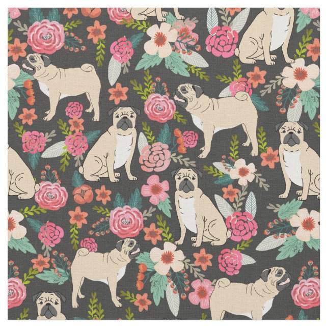 Pug Florals fabric print design pet fabrics (Close Up)