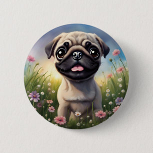 Pug Flowers 6 Cm Round Badge