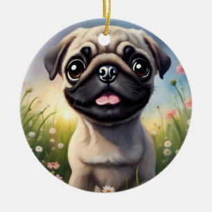 Pug Flowers Ceramic Tree Decoration