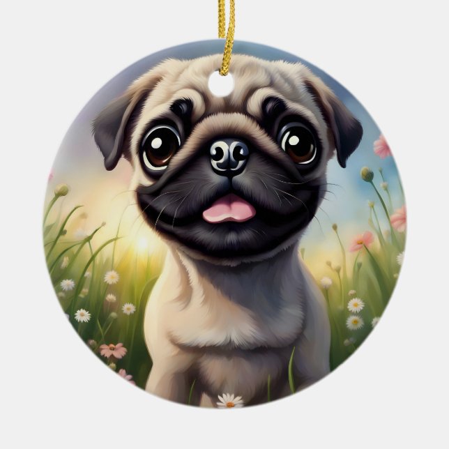 Pug Flowers Ceramic Tree Decoration (Front)
