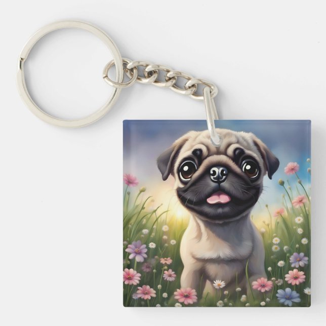 Pug Flowers Key Ring (Front)
