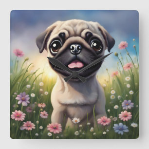 Pug Flowers Square Wall Clock