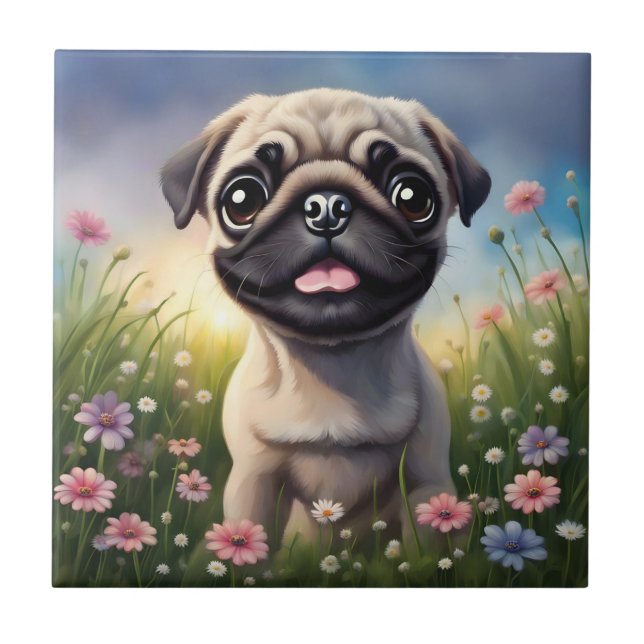 Pug Flowers Tile (Front)