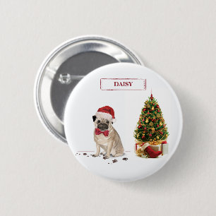 Pug Funny Christmas Dog with Tree 6 Cm Round Badge