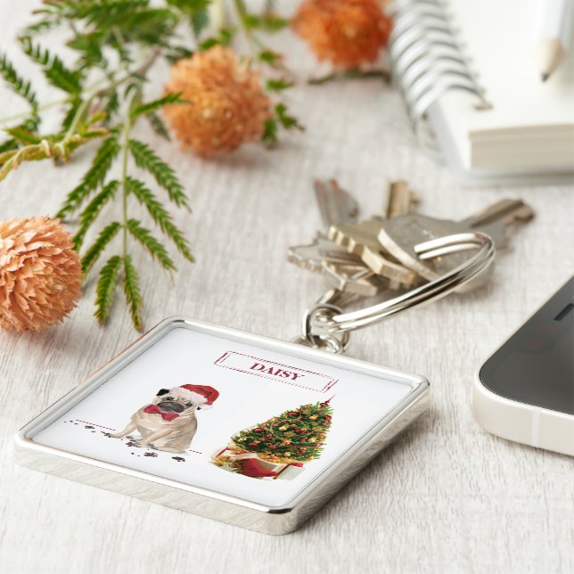 Pug Funny Christmas Dog with Tree Key Ring (Side)