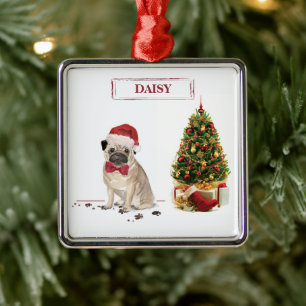 Pug Funny Christmas Dog with Tree Metal Tree Decoration